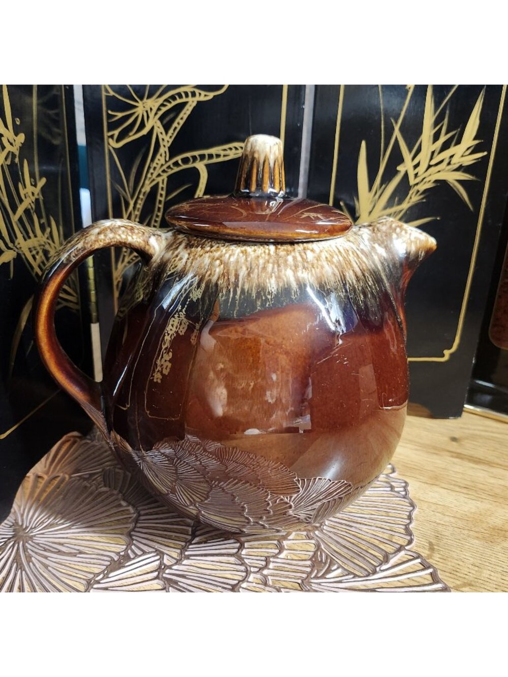 Hull Pottery Teapot Drip Glaze Brown Cream Vintage